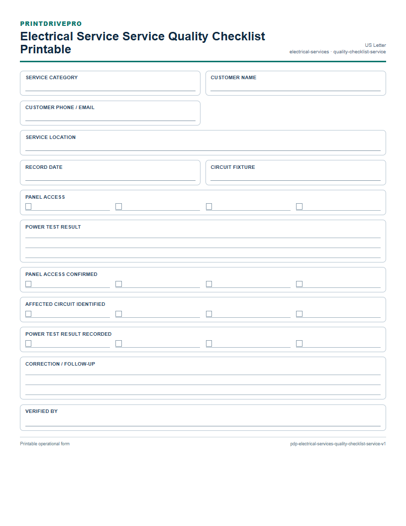 Electrical Service Service Quality Checklist Printable preview