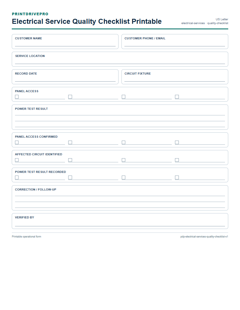 Electrical Service Quality Checklist Printable preview