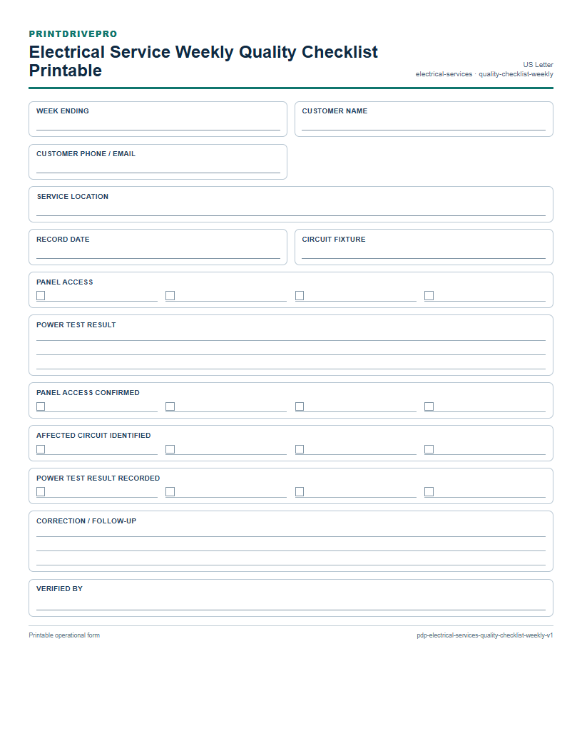 Electrical Service Weekly Quality Checklist Printable preview
