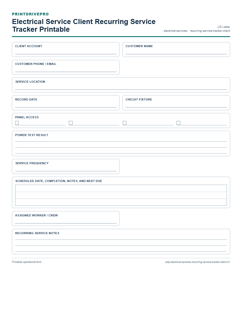 Electrical Service Client Recurring Service Tracker Printable preview
