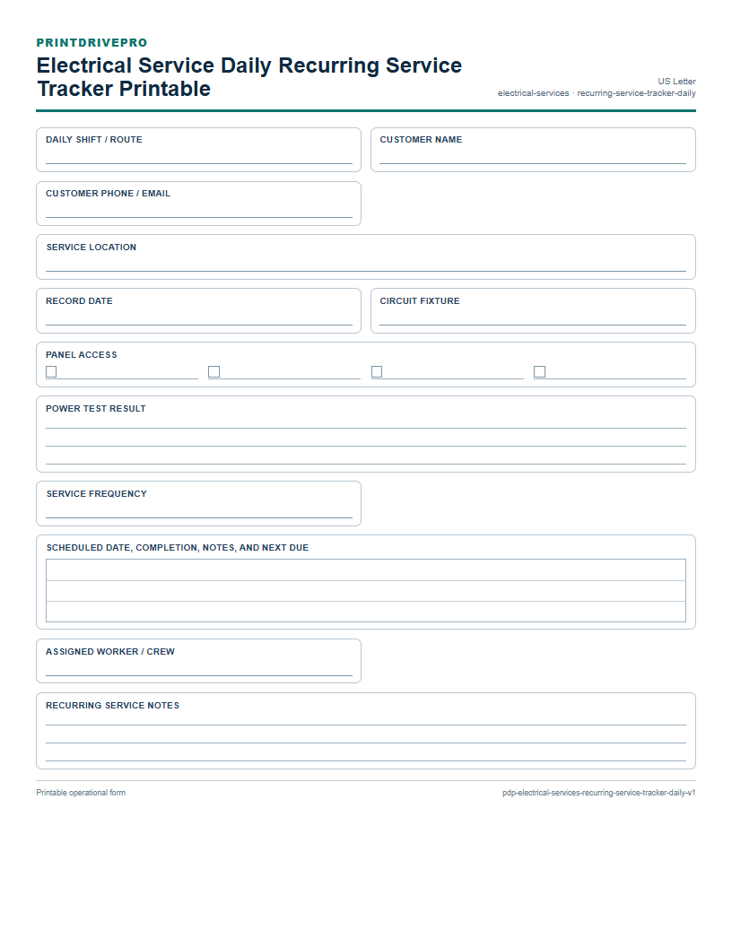 Electrical Service Daily Recurring Service Tracker Printable preview