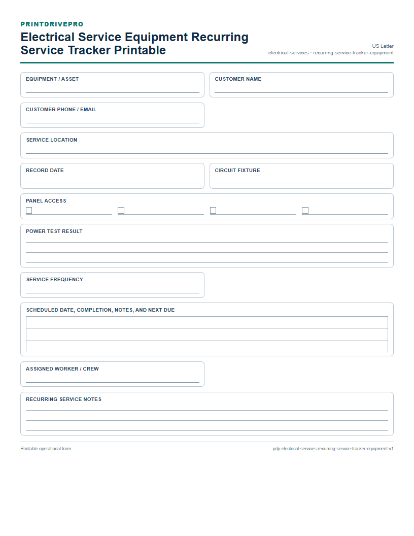 Electrical Service Equipment Recurring Service Tracker Printable preview