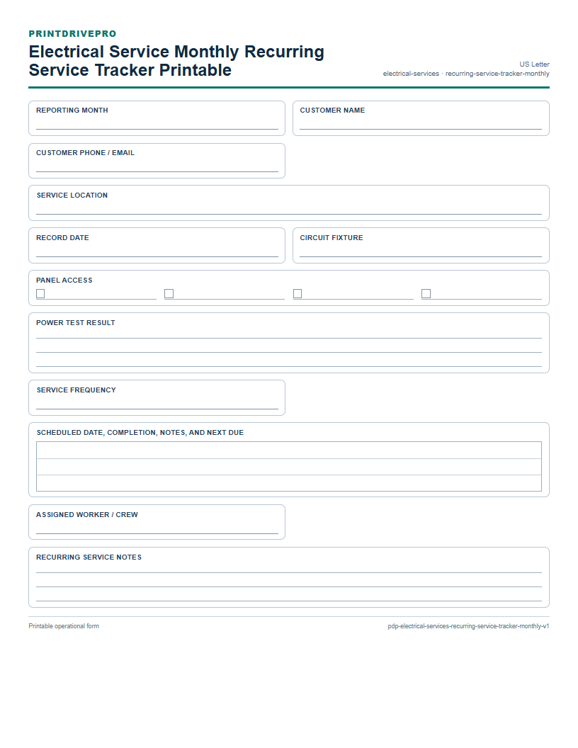 Electrical Service Monthly Recurring Service Tracker Printable preview