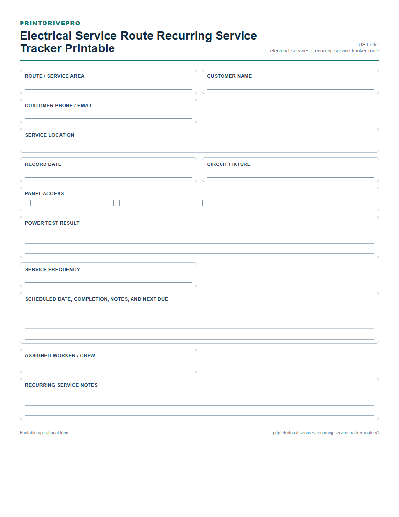 Electrical Service Route Recurring Service Tracker Printable preview