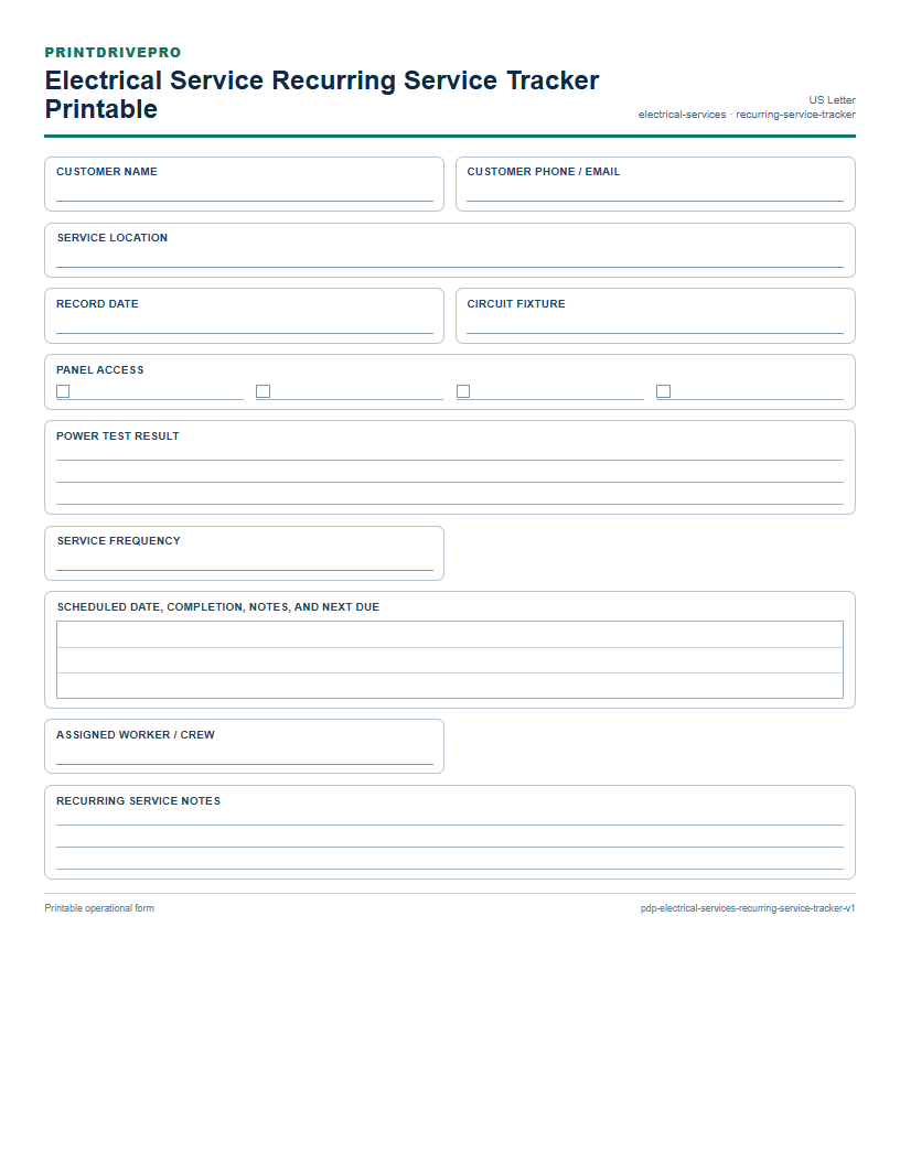 Electrical Service Recurring Service Tracker Printable preview