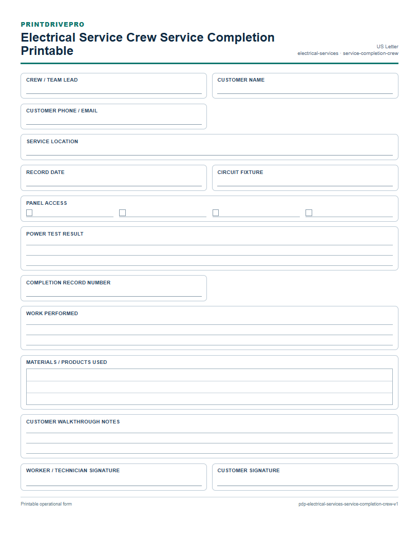 Electrical Service Crew Service Completion Printable preview