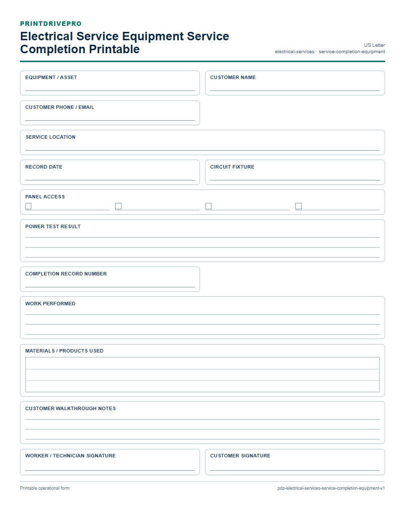 Electrical Service Equipment Service Completion Printable preview