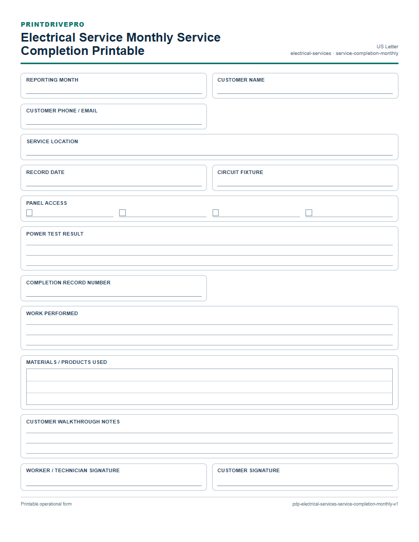 Electrical Service Monthly Service Completion Printable preview