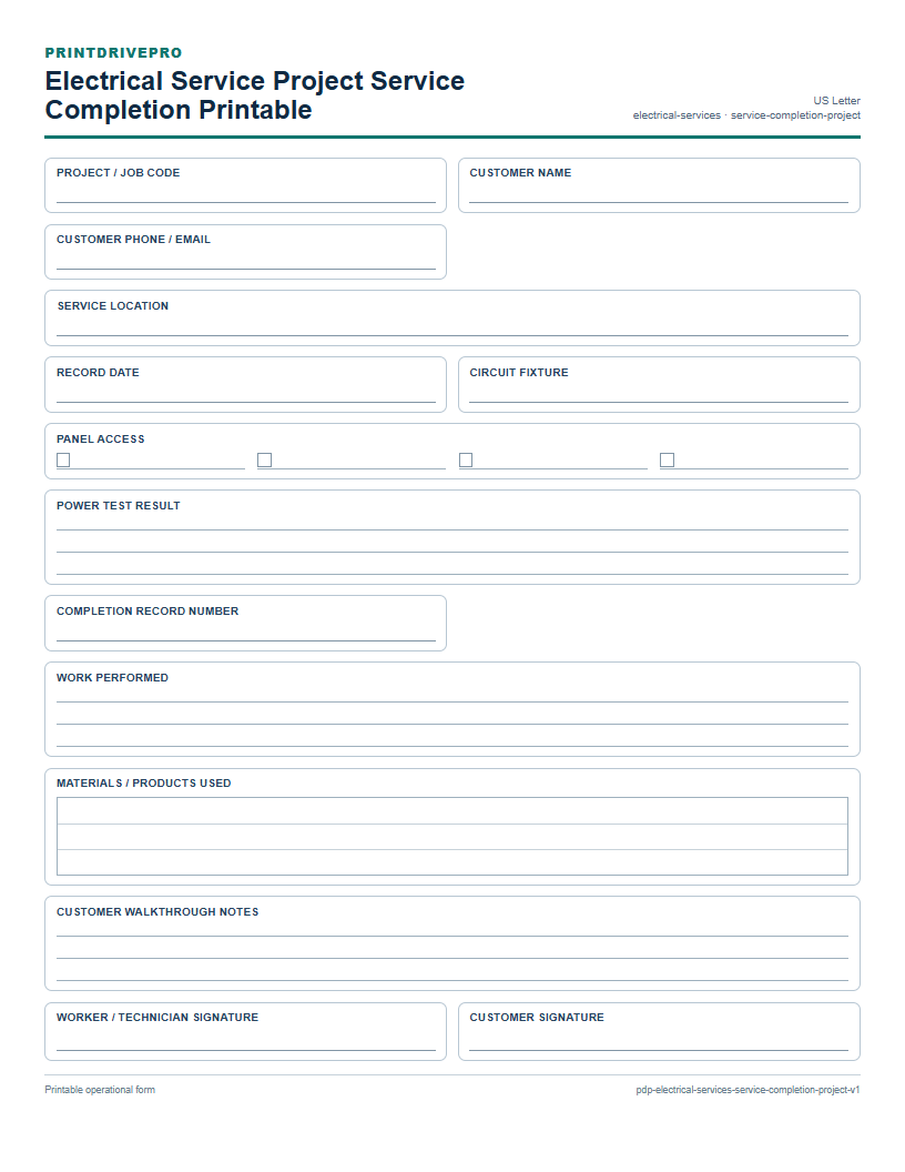 Electrical Service Project Service Completion Printable preview
