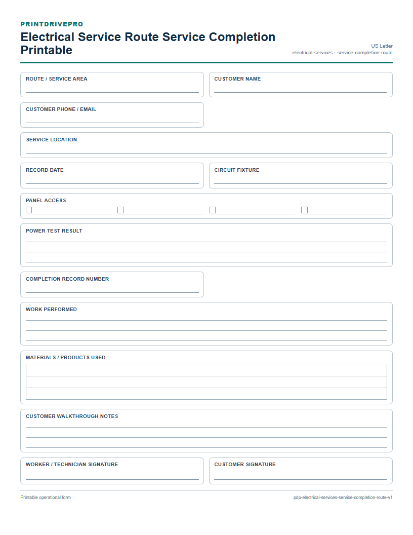 Electrical Service Route Service Completion Printable preview