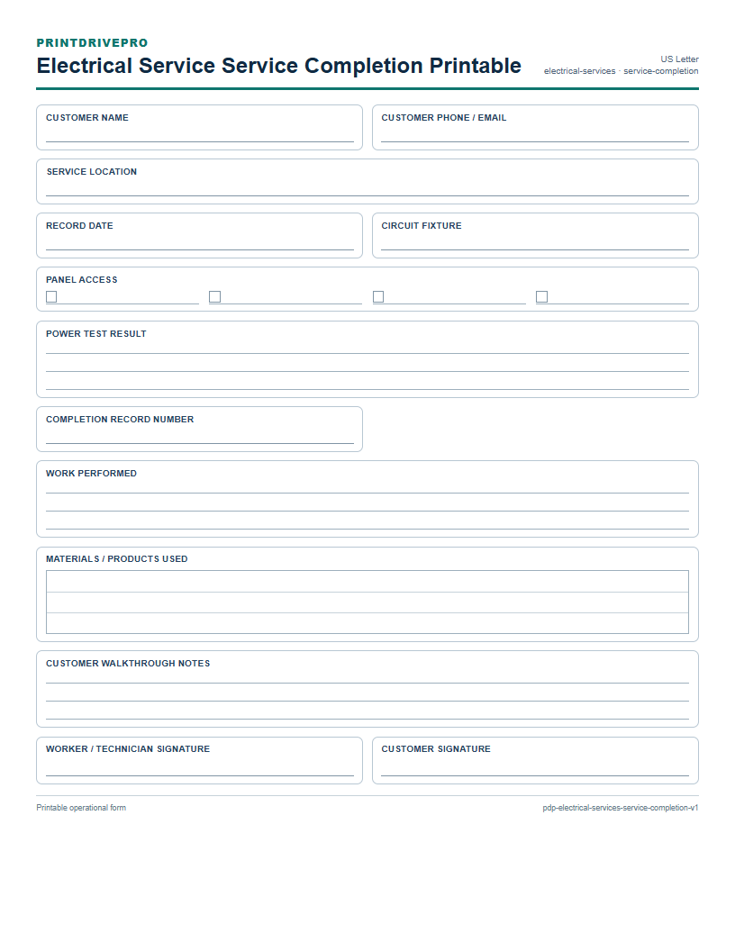 Electrical Service Service Completion Printable preview