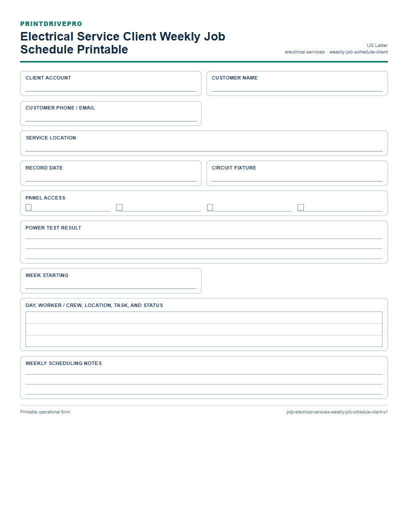 Electrical Service Client Weekly Job Schedule Printable preview