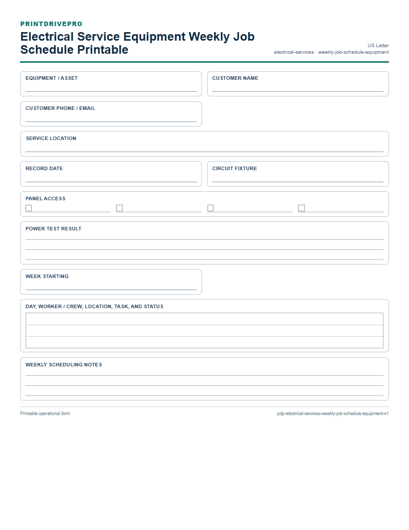 Electrical Service Equipment Weekly Job Schedule Printable preview