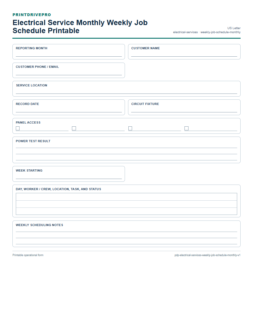 Electrical Service Monthly Weekly Job Schedule Printable preview