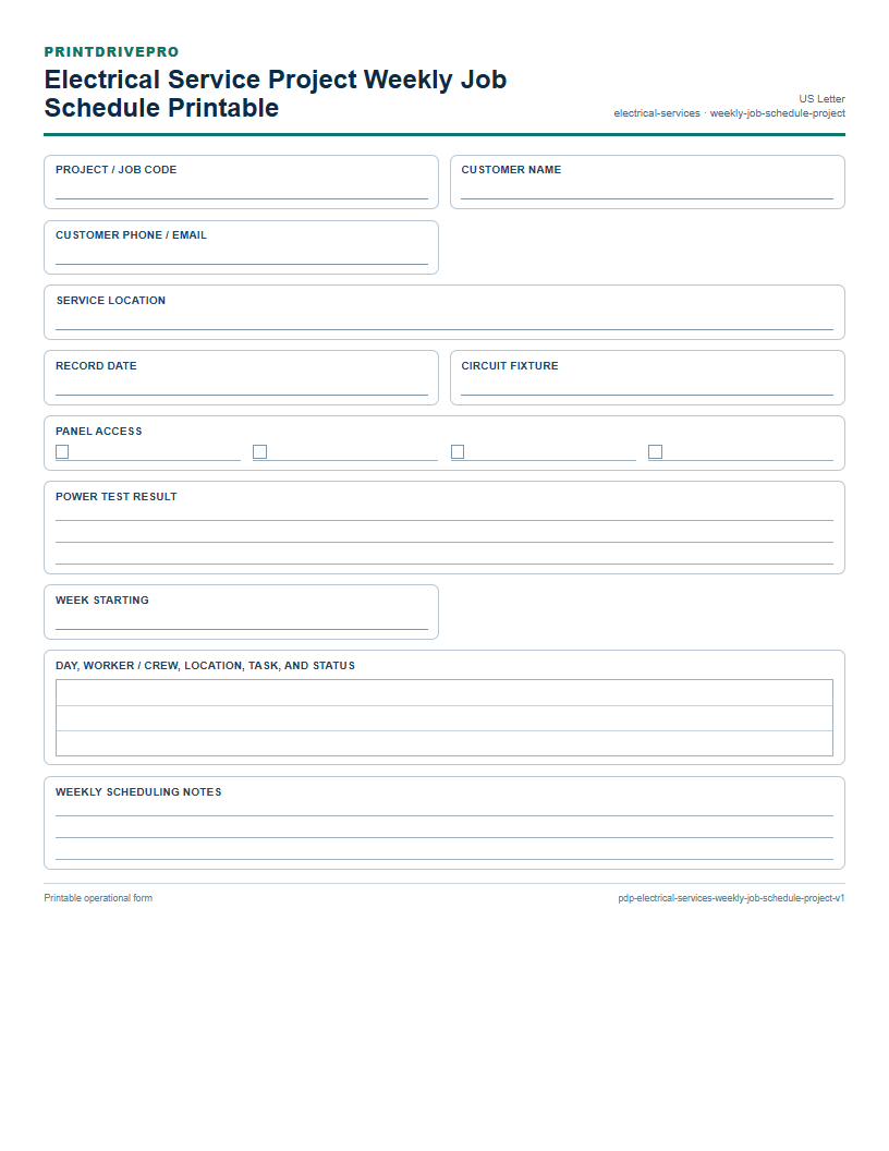 Electrical Service Project Weekly Job Schedule Printable preview