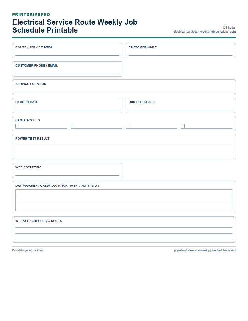 Electrical Service Route Weekly Job Schedule Printable preview