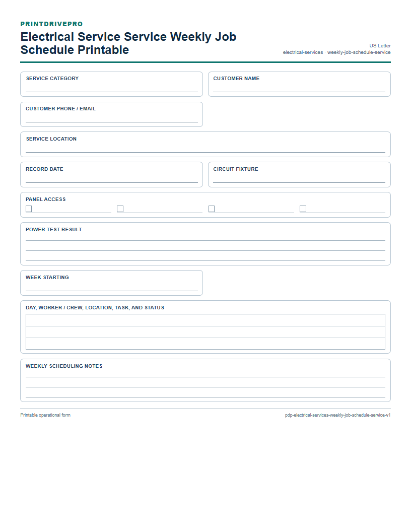 Electrical Service Service Weekly Job Schedule Printable preview