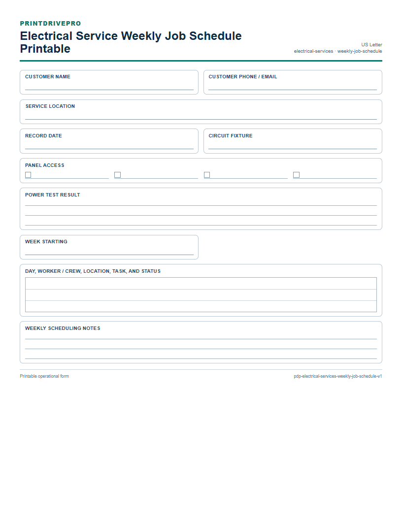 Electrical Service Weekly Job Schedule Printable preview