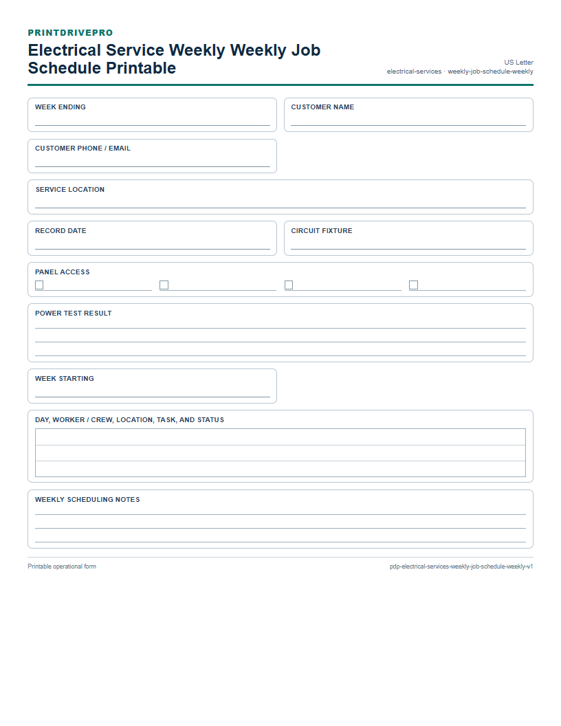 Electrical Service Weekly Weekly Job Schedule Printable preview