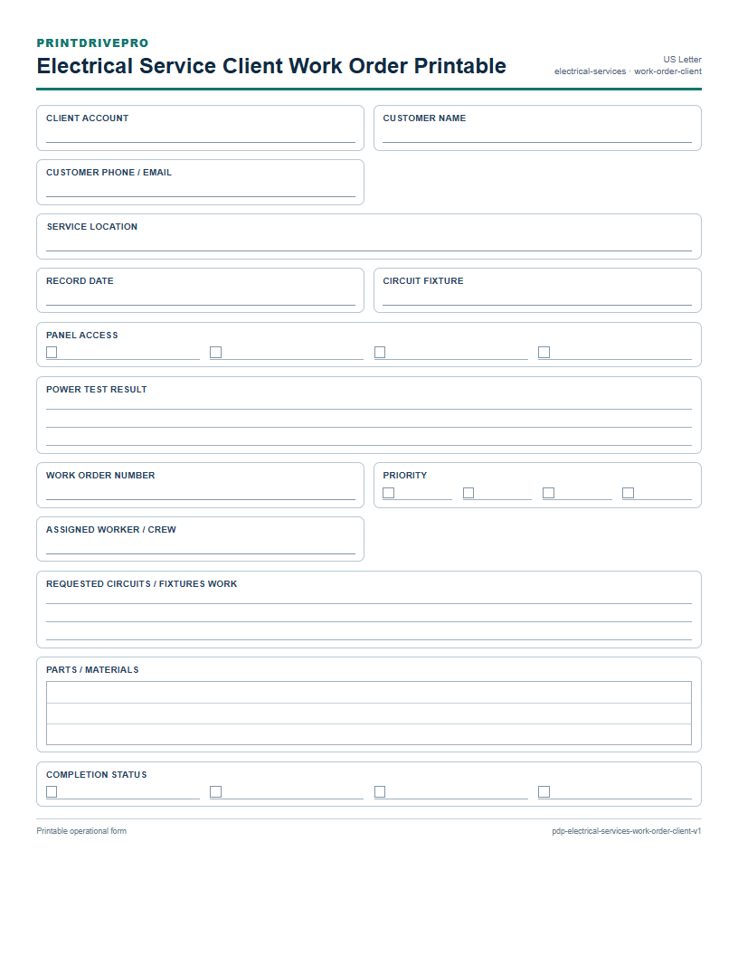 Electrical Service Client Work Order Printable preview