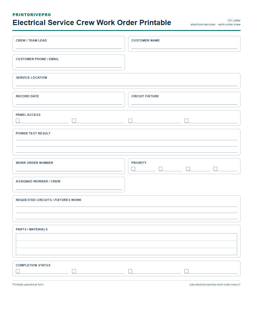 Electrical Service Crew Work Order Printable preview