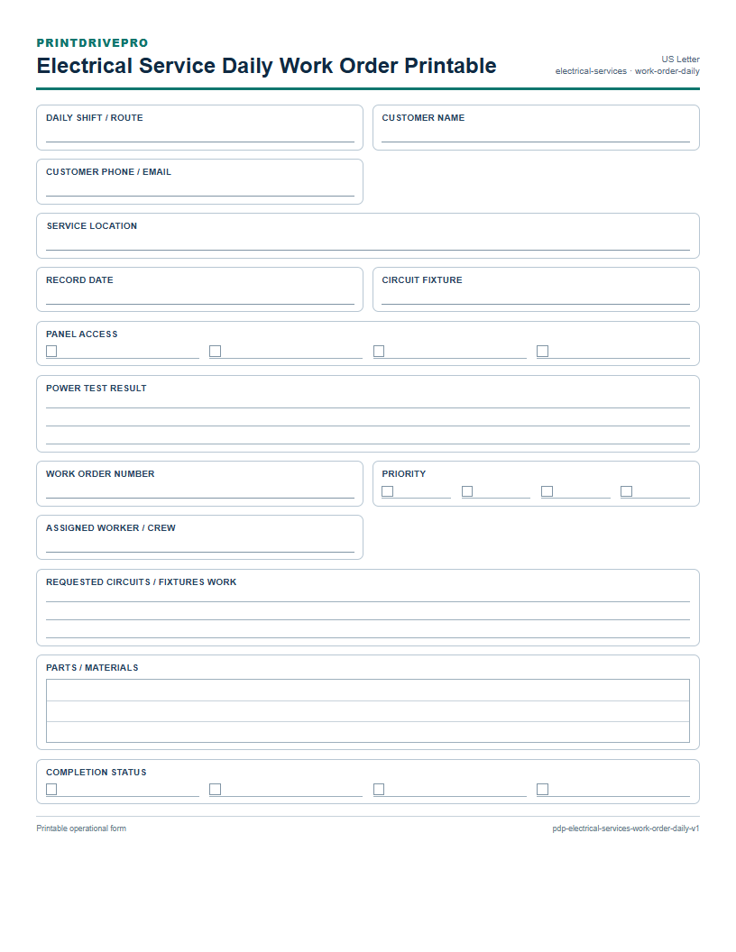 Electrical Service Daily Work Order Printable preview