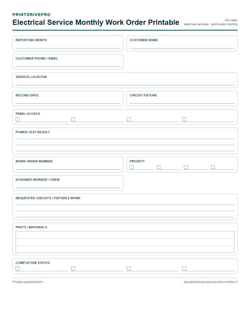 Electrical Service Monthly Work Order Printable preview