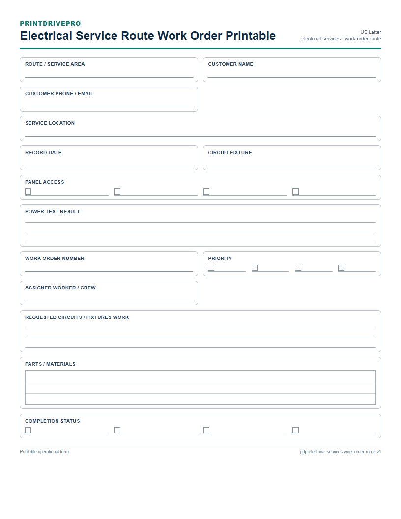 Electrical Service Route Work Order Printable preview