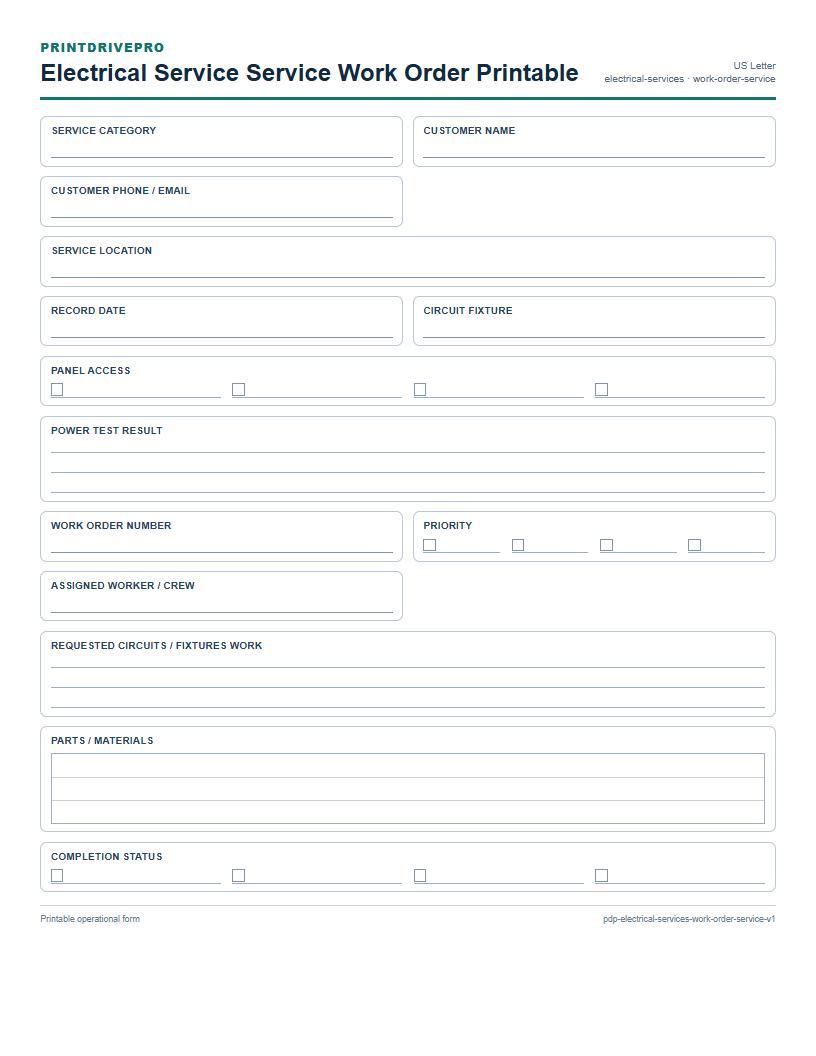 Electrical Service Service Work Order Printable preview