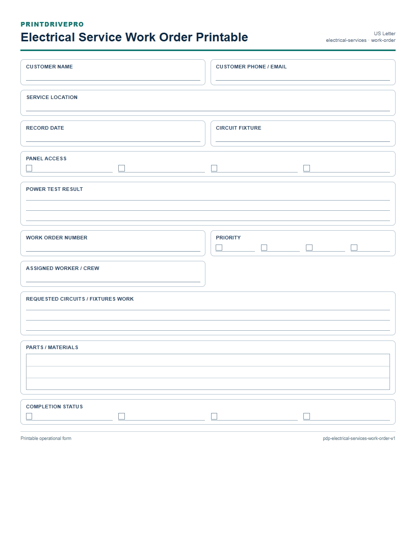 Electrical Service Work Order Printable preview