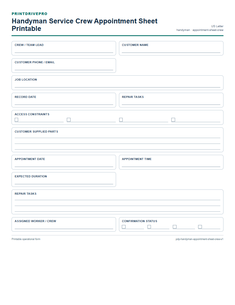 Handyman Service Crew Appointment Sheet Printable preview