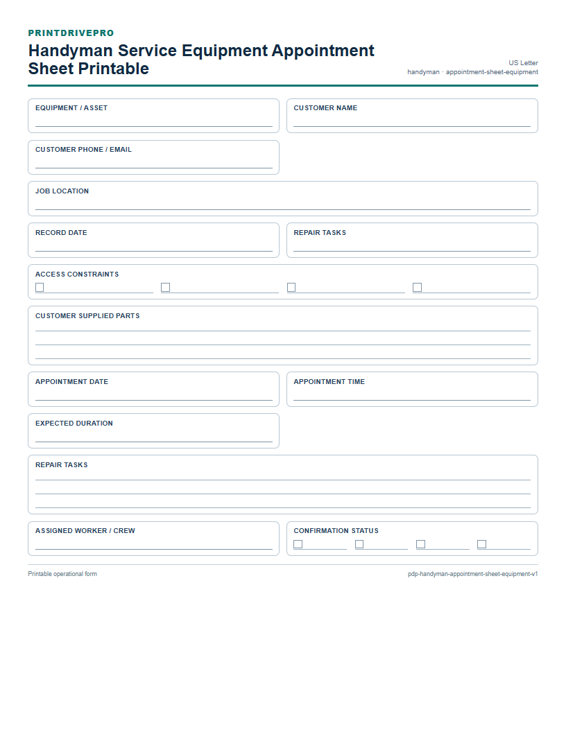 Handyman Service Equipment Appointment Sheet Printable preview