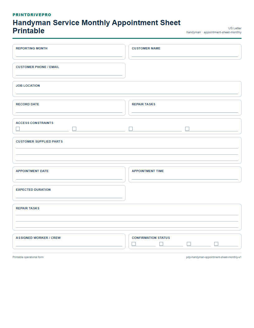 Handyman Service Monthly Appointment Sheet Printable preview