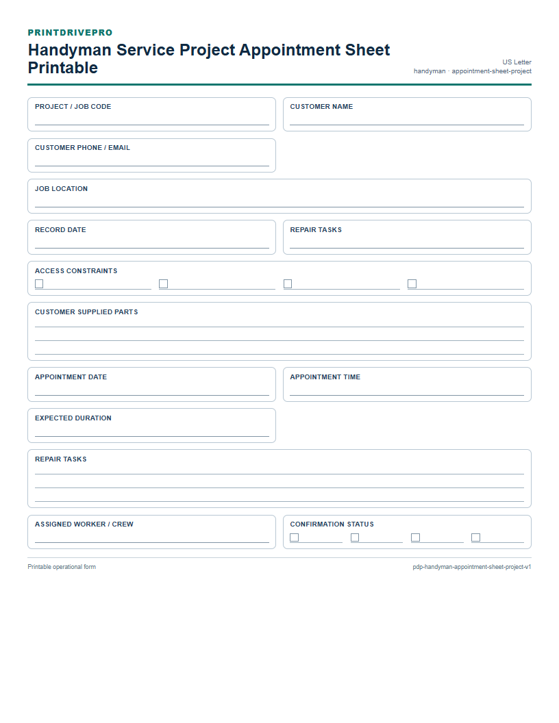 Handyman Service Project Appointment Sheet Printable preview