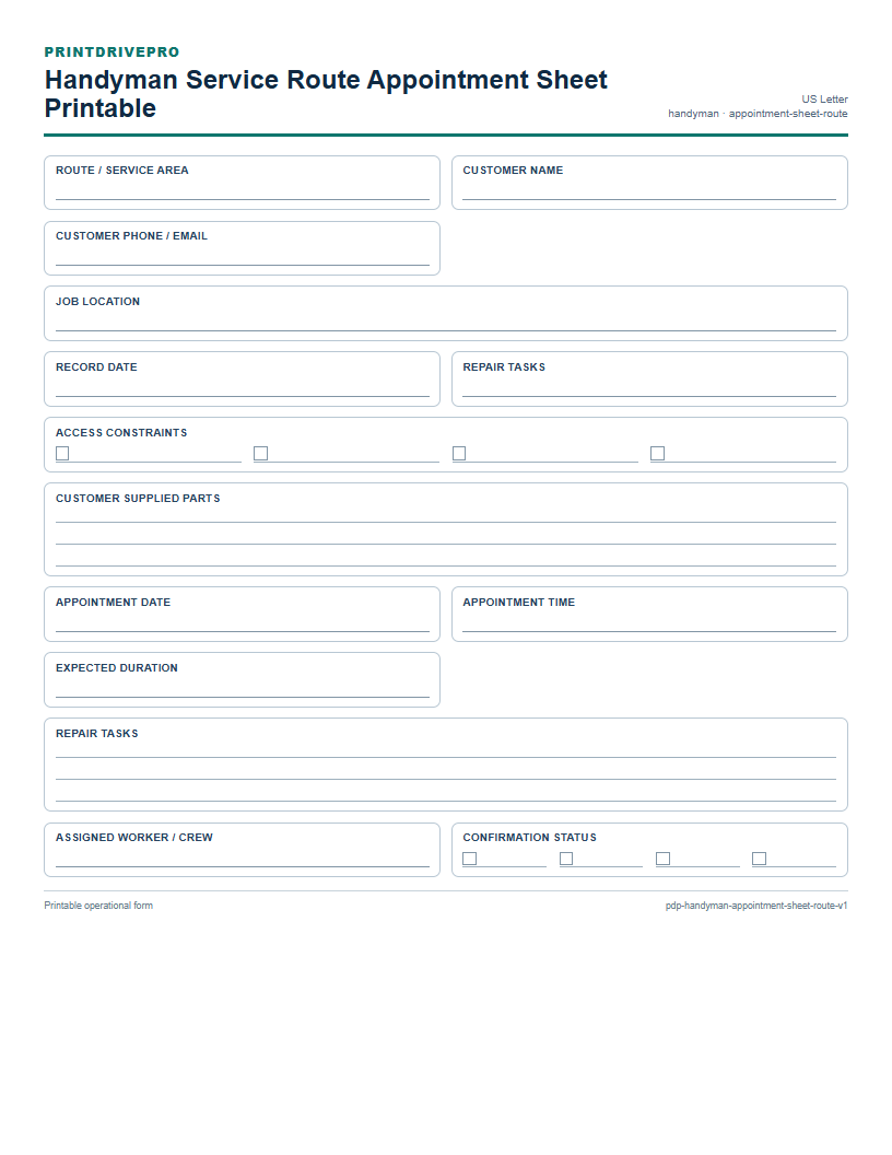 Handyman Service Route Appointment Sheet Printable preview