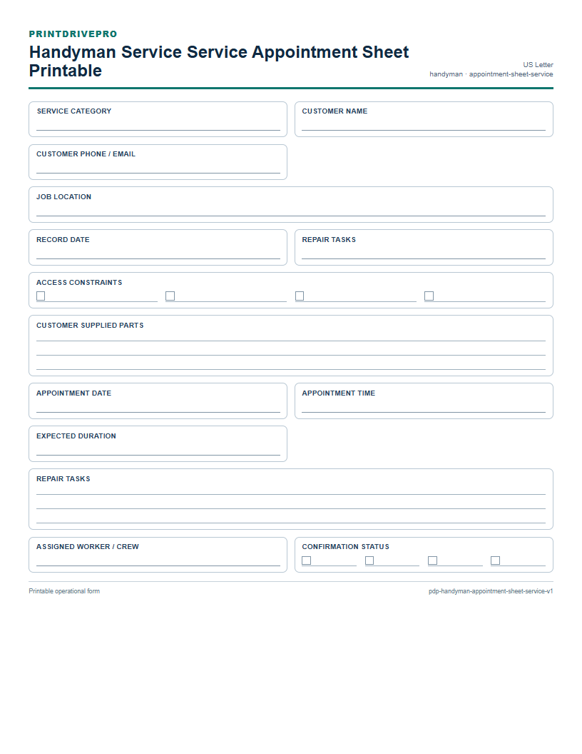 Handyman Service Service Appointment Sheet Printable preview