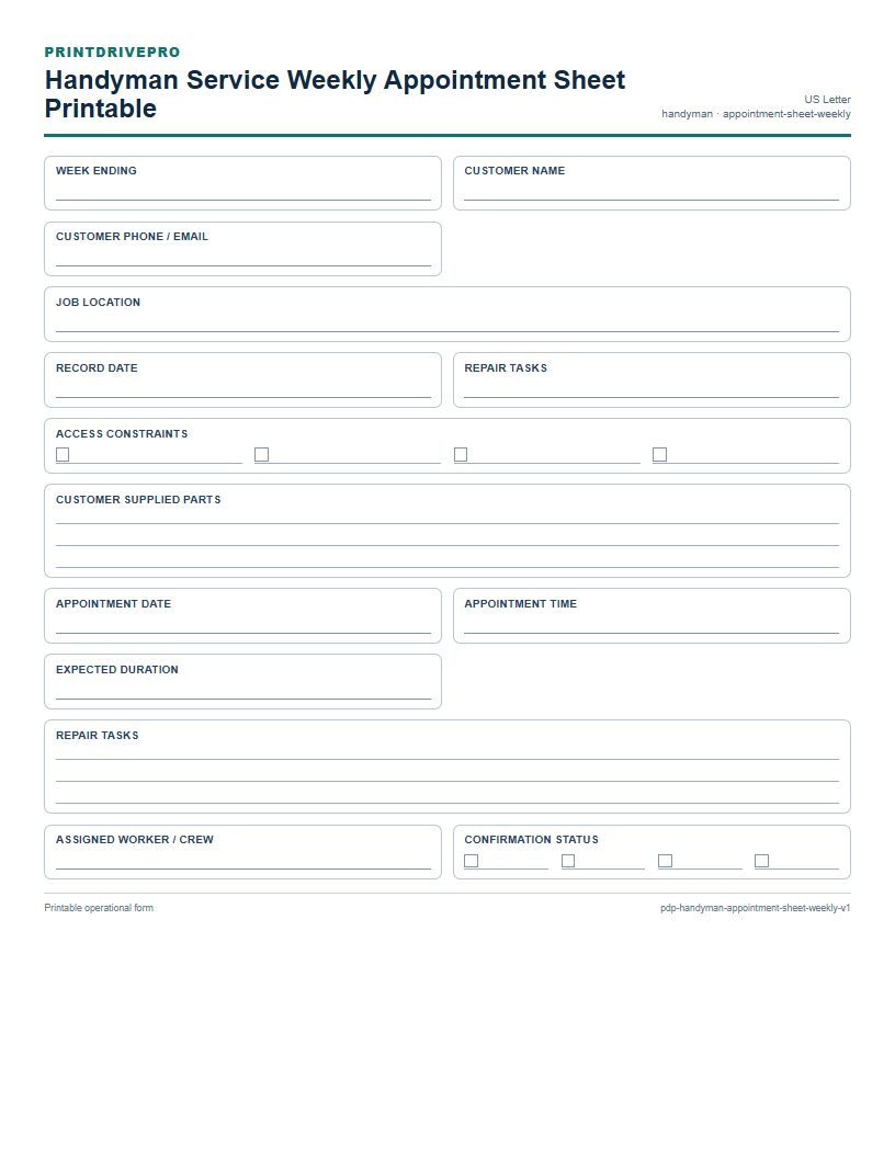Handyman Service Weekly Appointment Sheet Printable preview