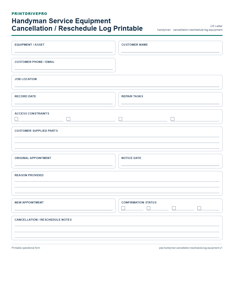 Handyman Service Equipment Cancellation / Reschedule Log Printable preview