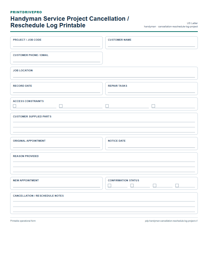 Handyman Service Project Cancellation / Reschedule Log Printable preview