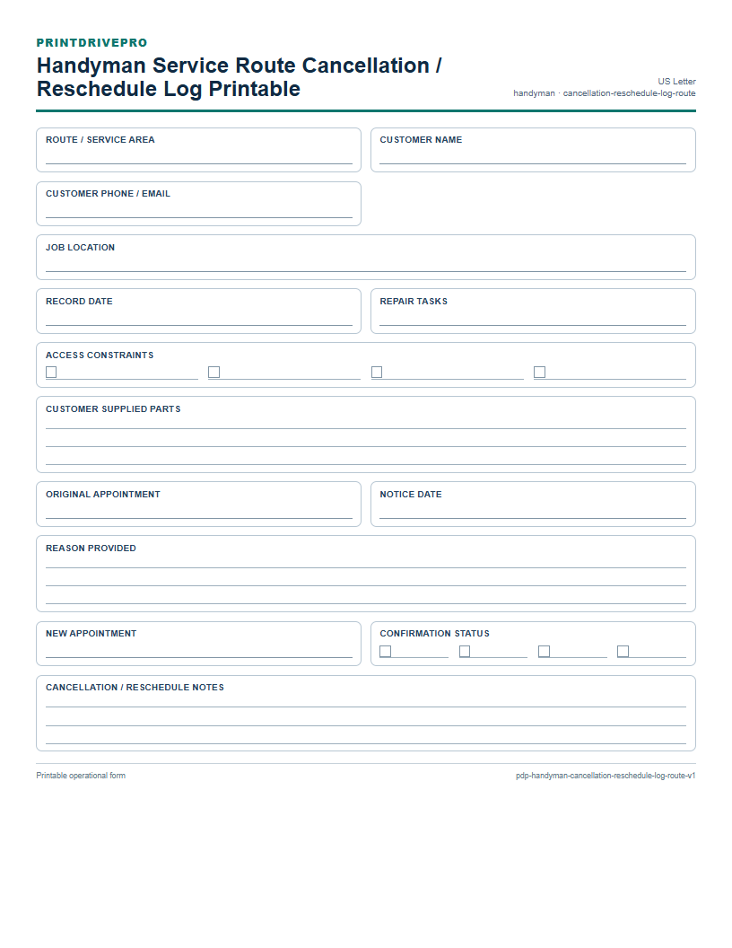 Handyman Service Route Cancellation / Reschedule Log Printable preview