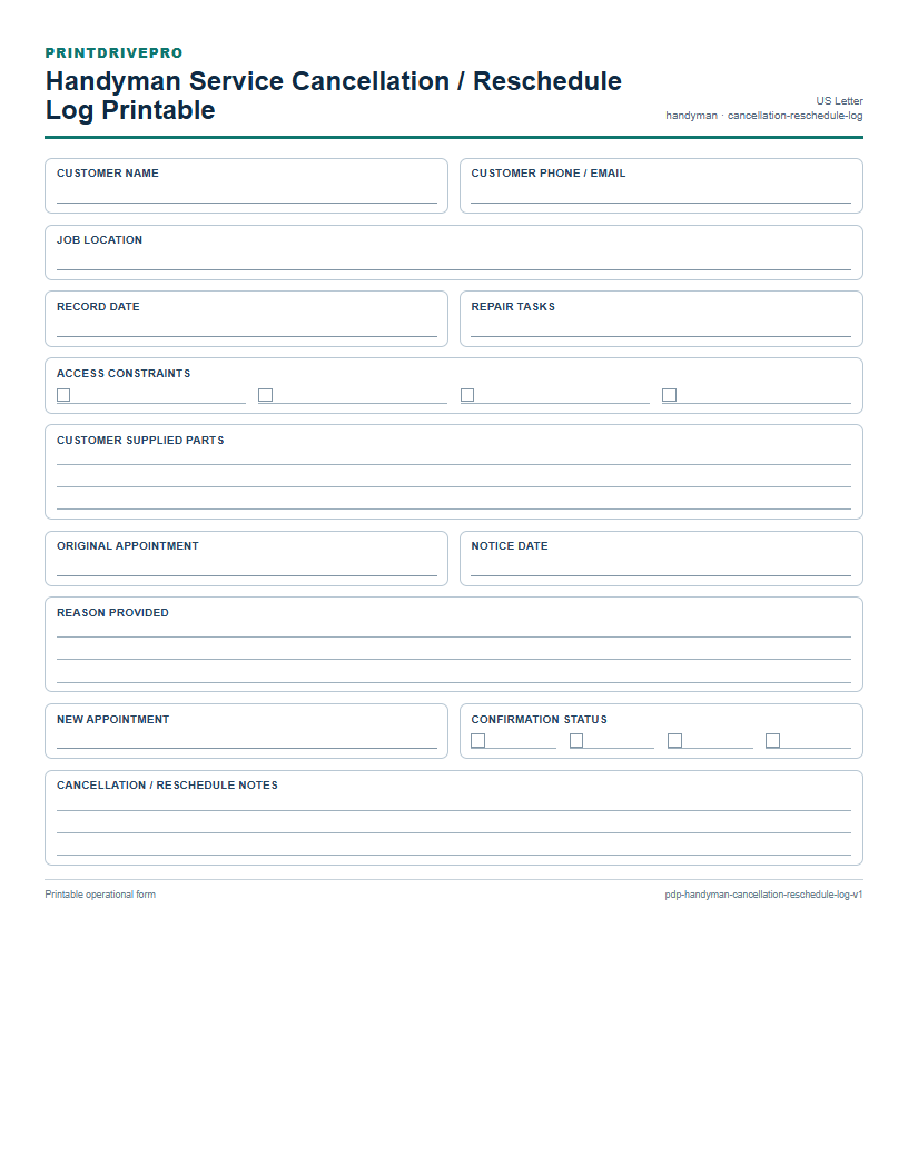 Handyman Service Cancellation / Reschedule Log Printable preview