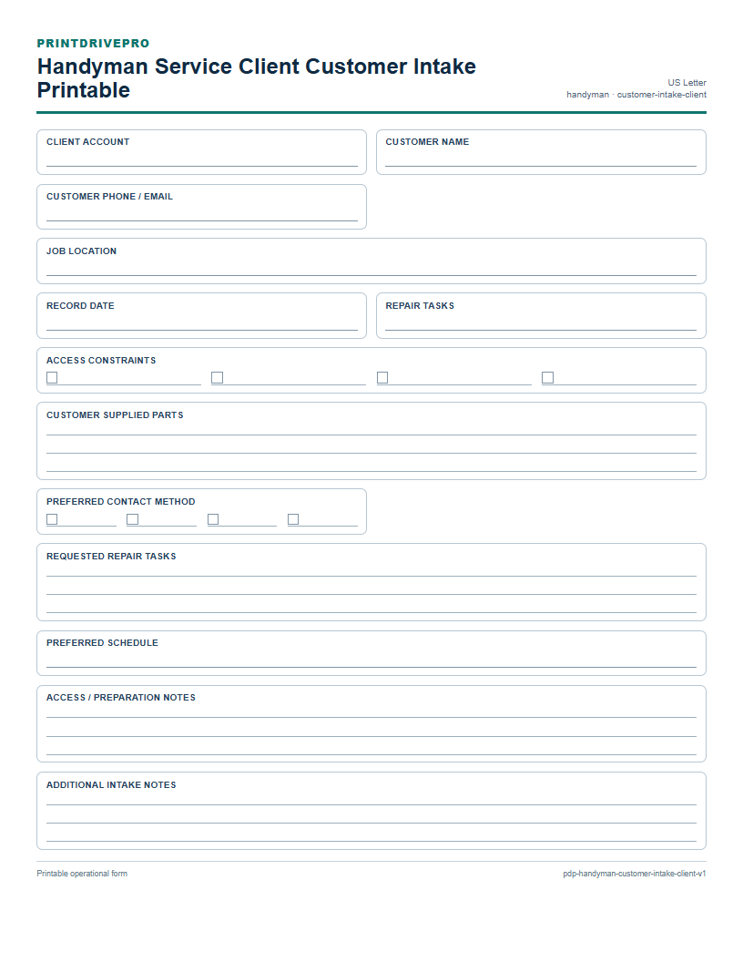 Handyman Service Client Customer Intake Printable preview