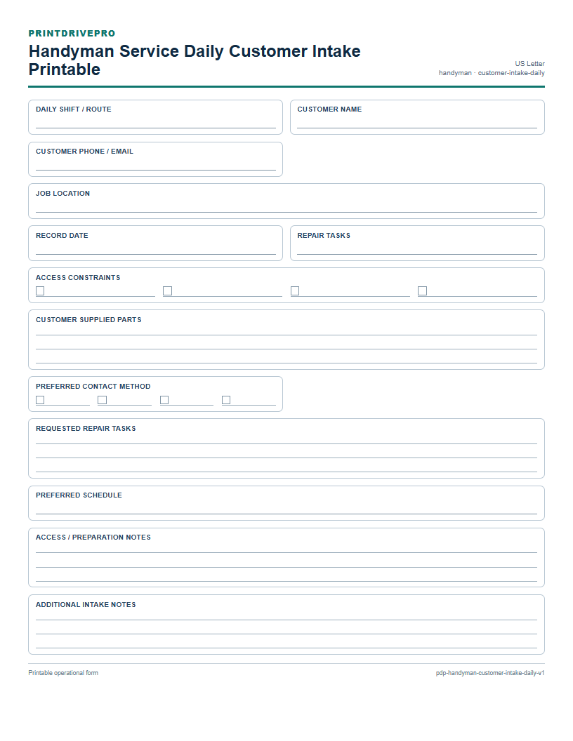 Handyman Service Daily Customer Intake Printable preview