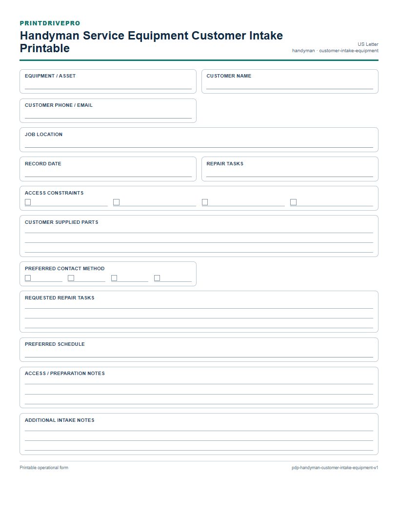 Handyman Service Equipment Customer Intake Printable preview
