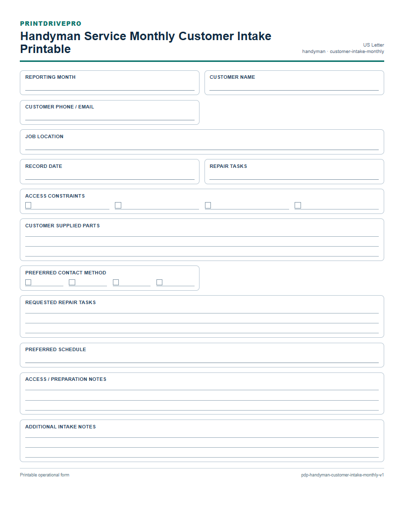 Handyman Service Monthly Customer Intake Printable preview