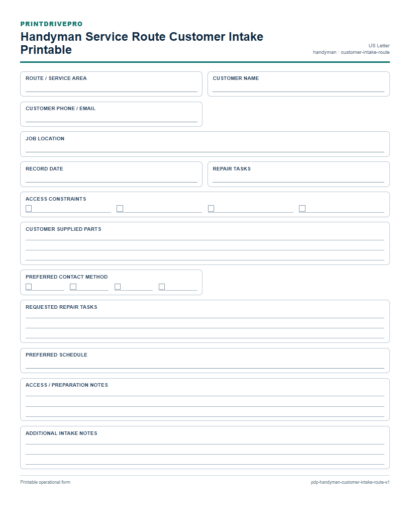 Handyman Service Route Customer Intake Printable preview