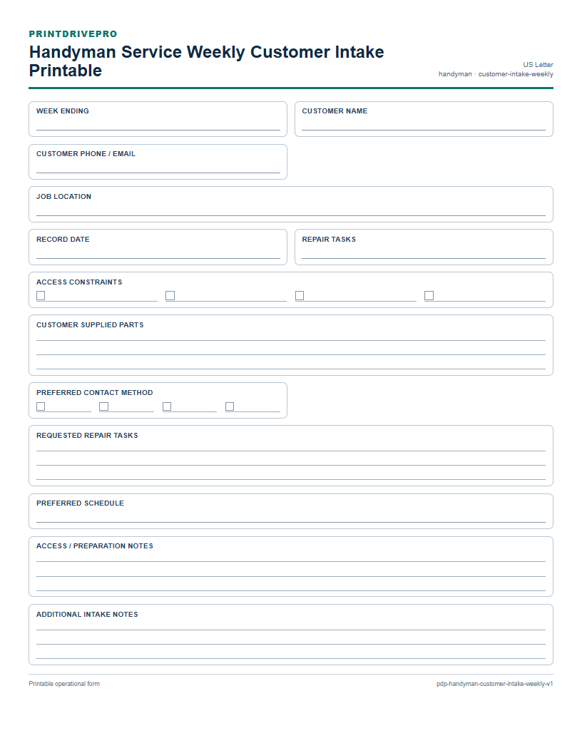 Handyman Service Weekly Customer Intake Printable preview