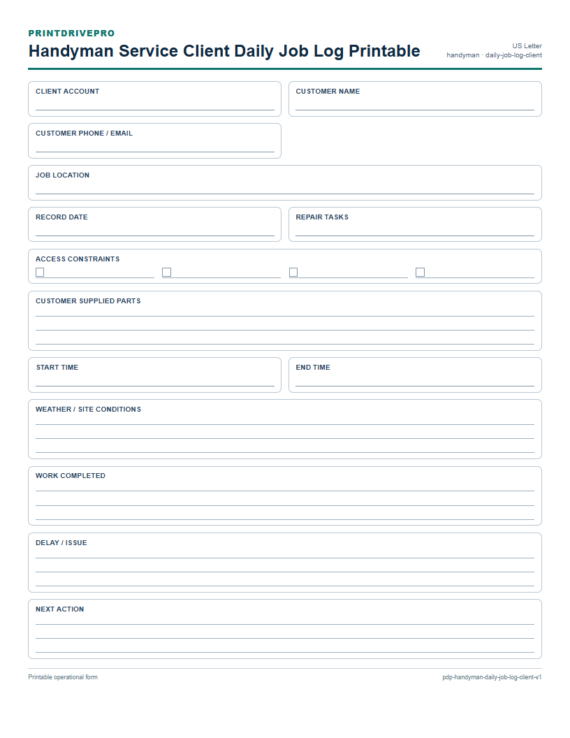 Handyman Service Client Daily Job Log Printable preview