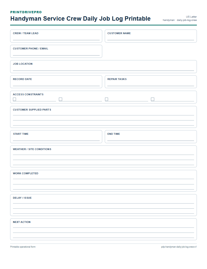 Handyman Service Crew Daily Job Log Printable preview