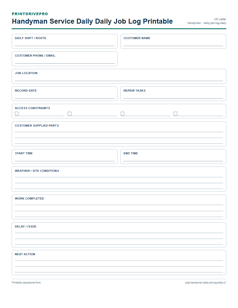 Handyman Service Daily Daily Job Log Printable preview